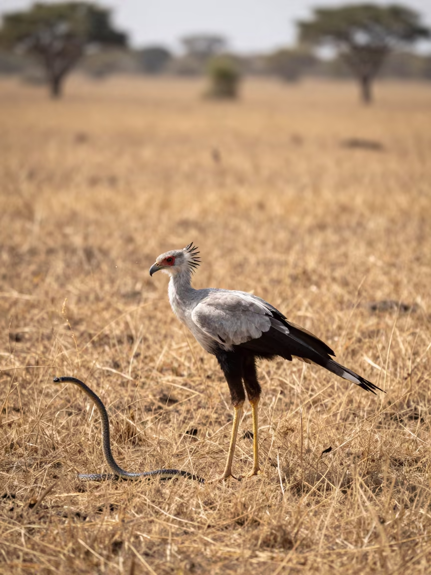 Secretary Bird Hunts Snake Dry Season Ridge in on a wind-scoured ridge in Burkina Faso