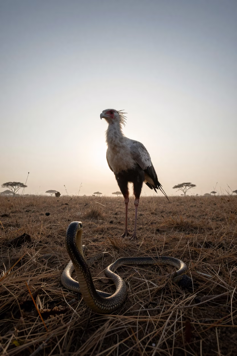 Secretary Bird Hunts Snake in Ghana Mist in in Ghana
