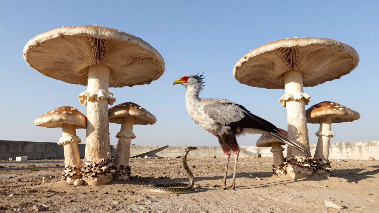 Secretary Bird Hunts Snake Among Giant Mushrooms in in Lebanon