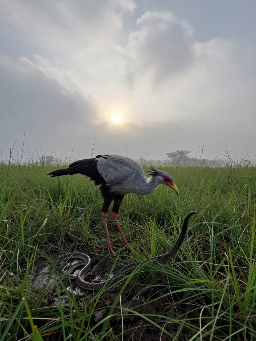 Secretary Bird Hunts Snake in Monsoon Dawn in in West Bengal