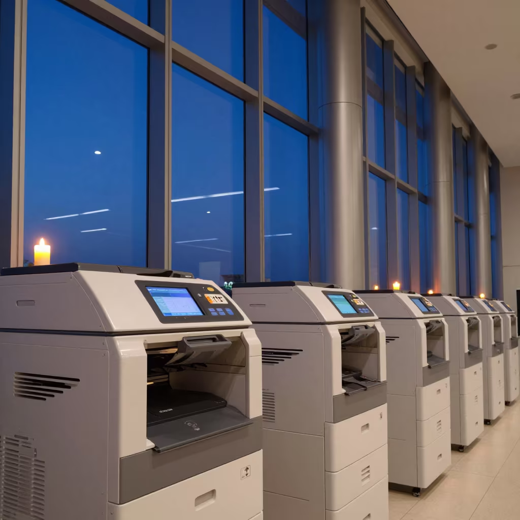 Secure Print Kiosk at Blue Hour in in an operations center under monitor glow in Abu Dhabi