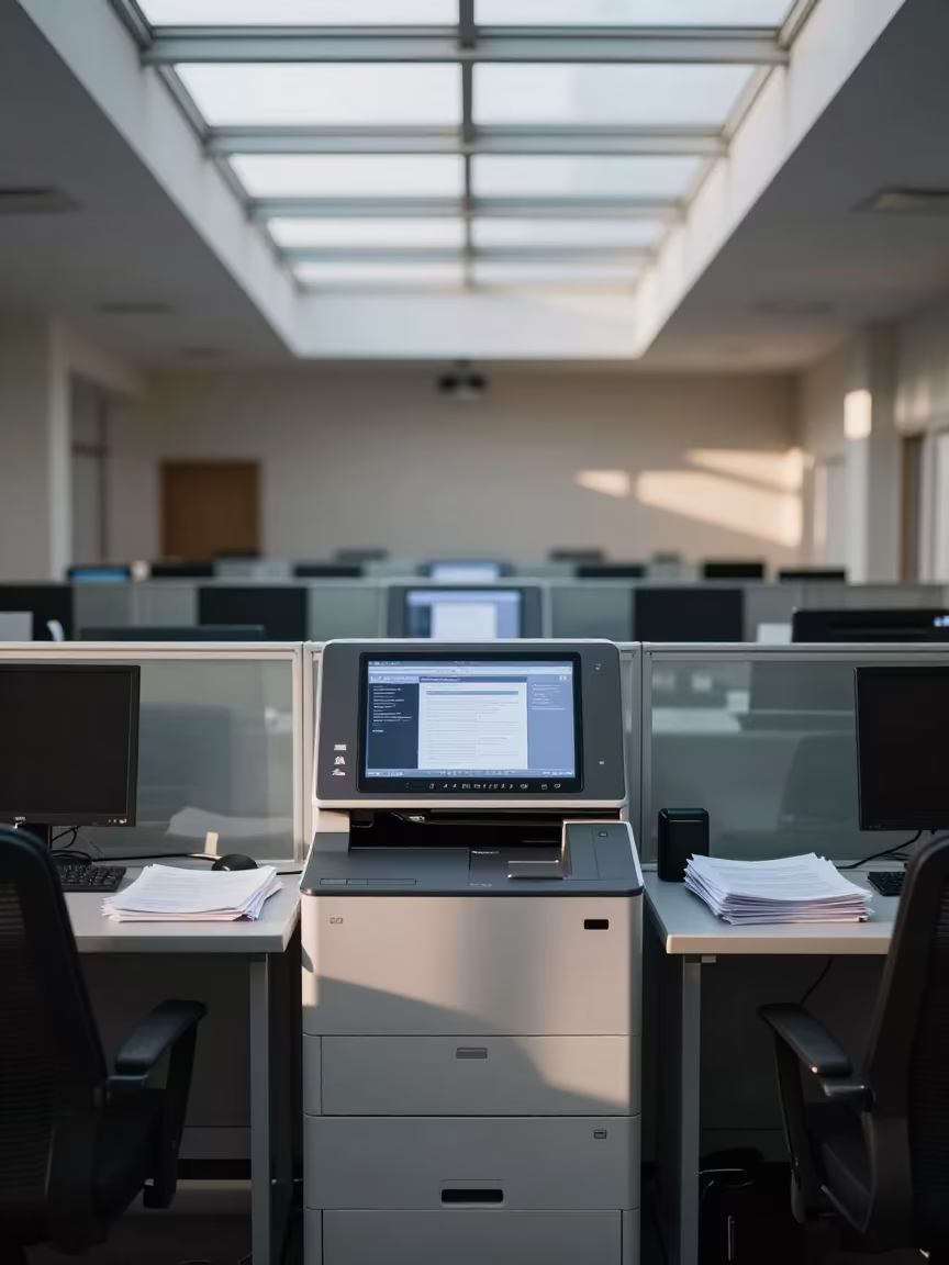 Secure Print Kiosk in Kabul Winter Office in in an operations center under monitor glow in Kabul