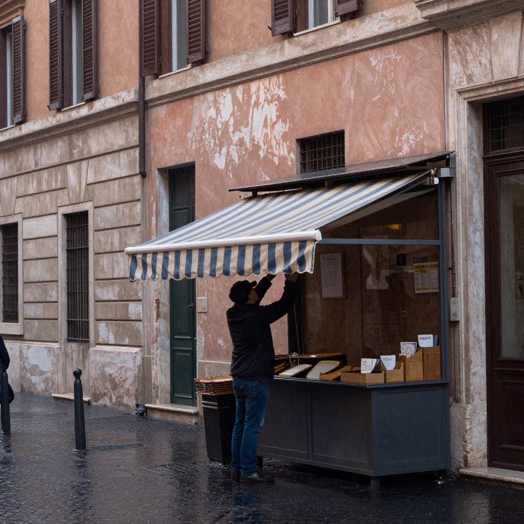 Securing Awning in Rome in in Rome, Italy
