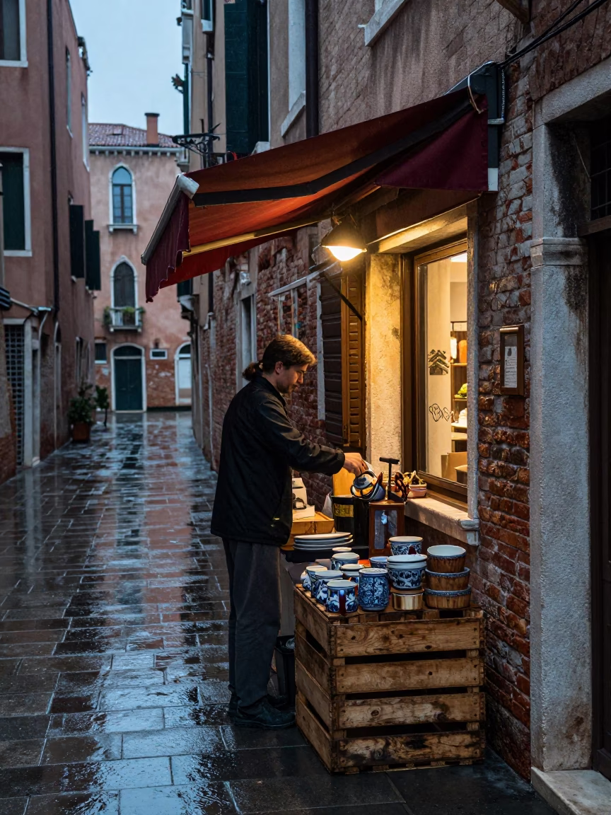 Securing Awning in Venice in in Venice, Italy