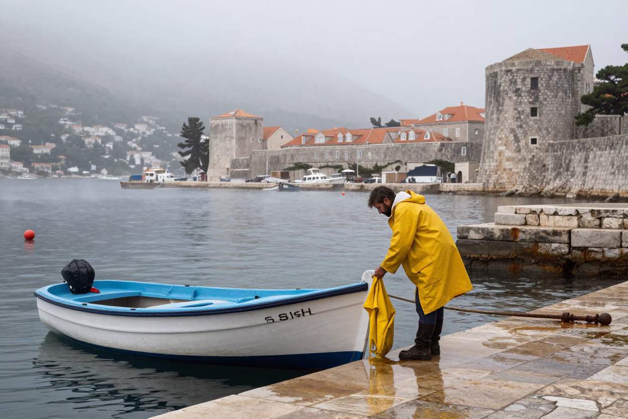 Securing Skiff in Dubrovnik in in Dubrovnik, Croatia