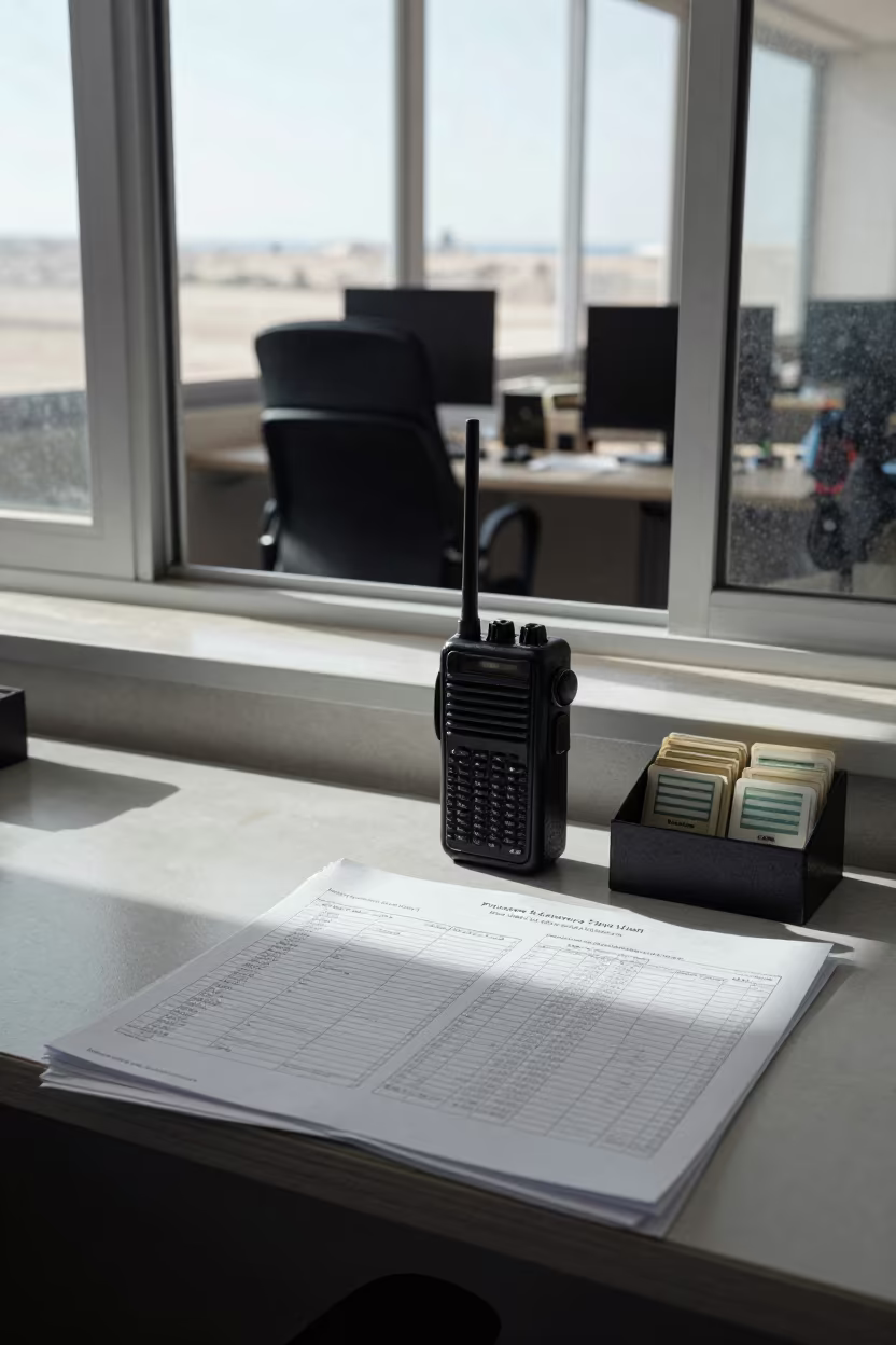 Security Desk with Logs and Radios in Tobruk Office in inside an open-plan office bay in Tobruk