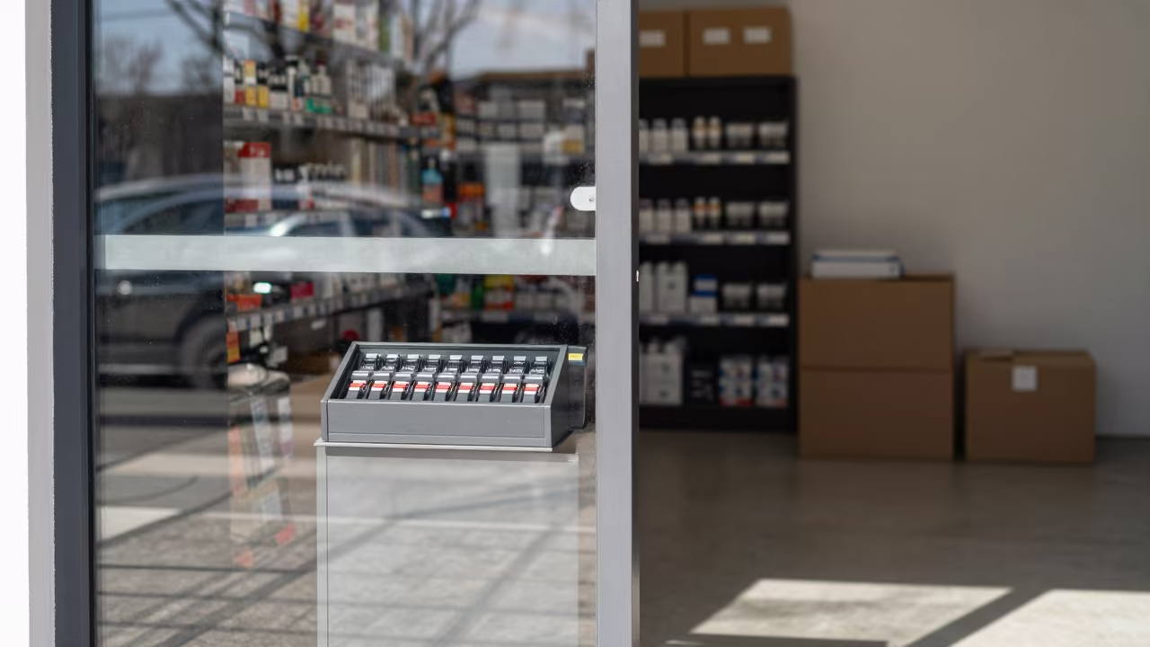 Security Pedestal Fuse Tray in Balkanabat Stockroom in inside a stockroom behind the sales floor near Balkanabat