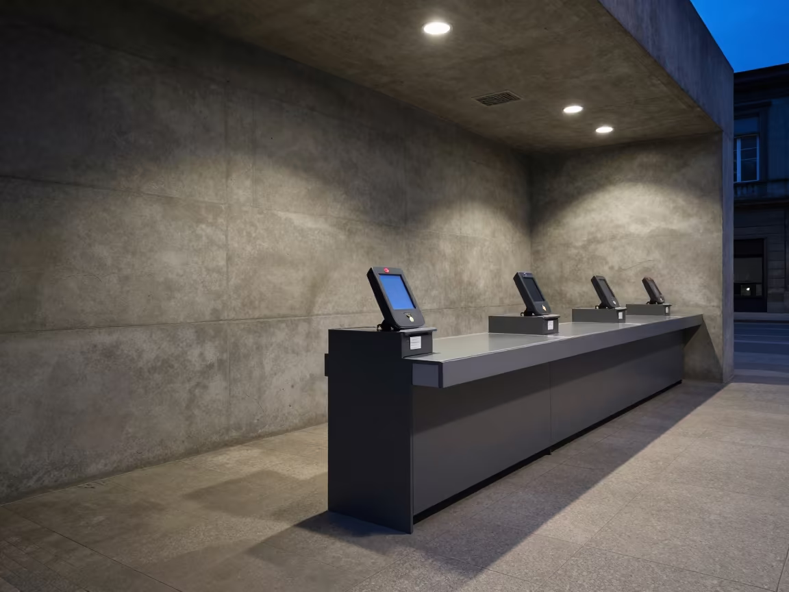 Security Pedestal Fuse Tray Checkout Lane in at a checkout lane under flat store light in Santiago de Compostela