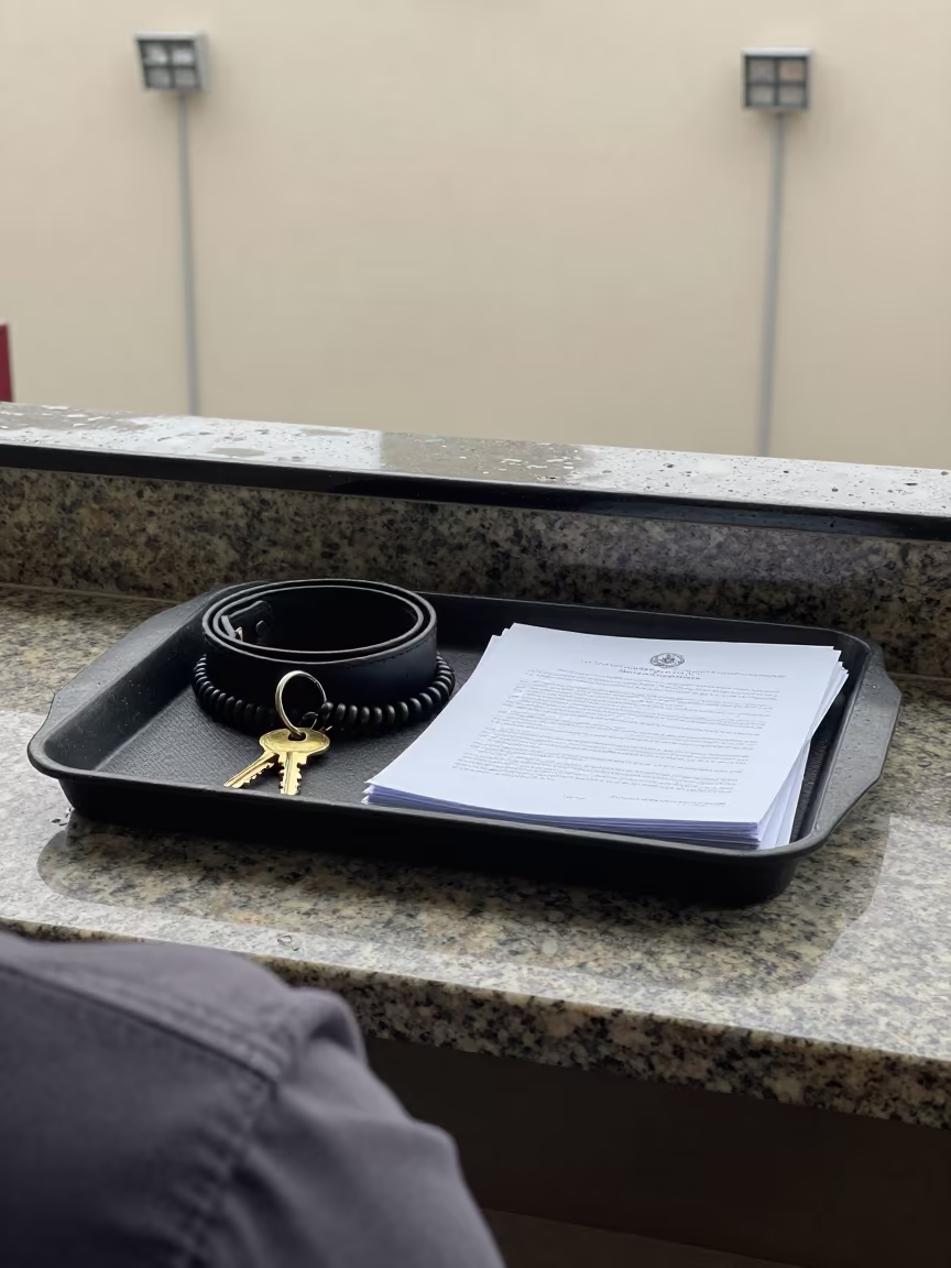 Security Tray with Keys and Belts in Guadalajara Courthouse in beneath government building floodlights in Guadalajara