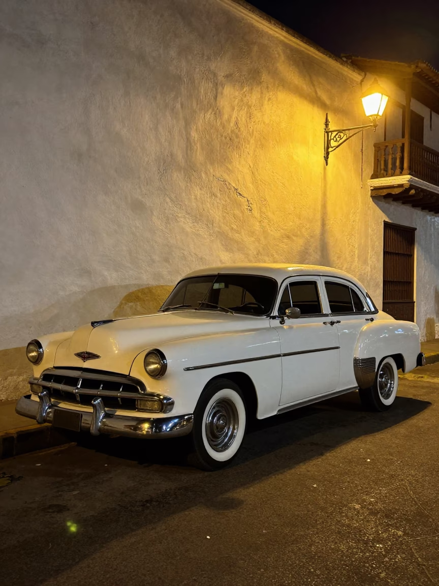 Sedan Parked at Deep In The Night Light in Cartagena in in Cartagena, Colombia