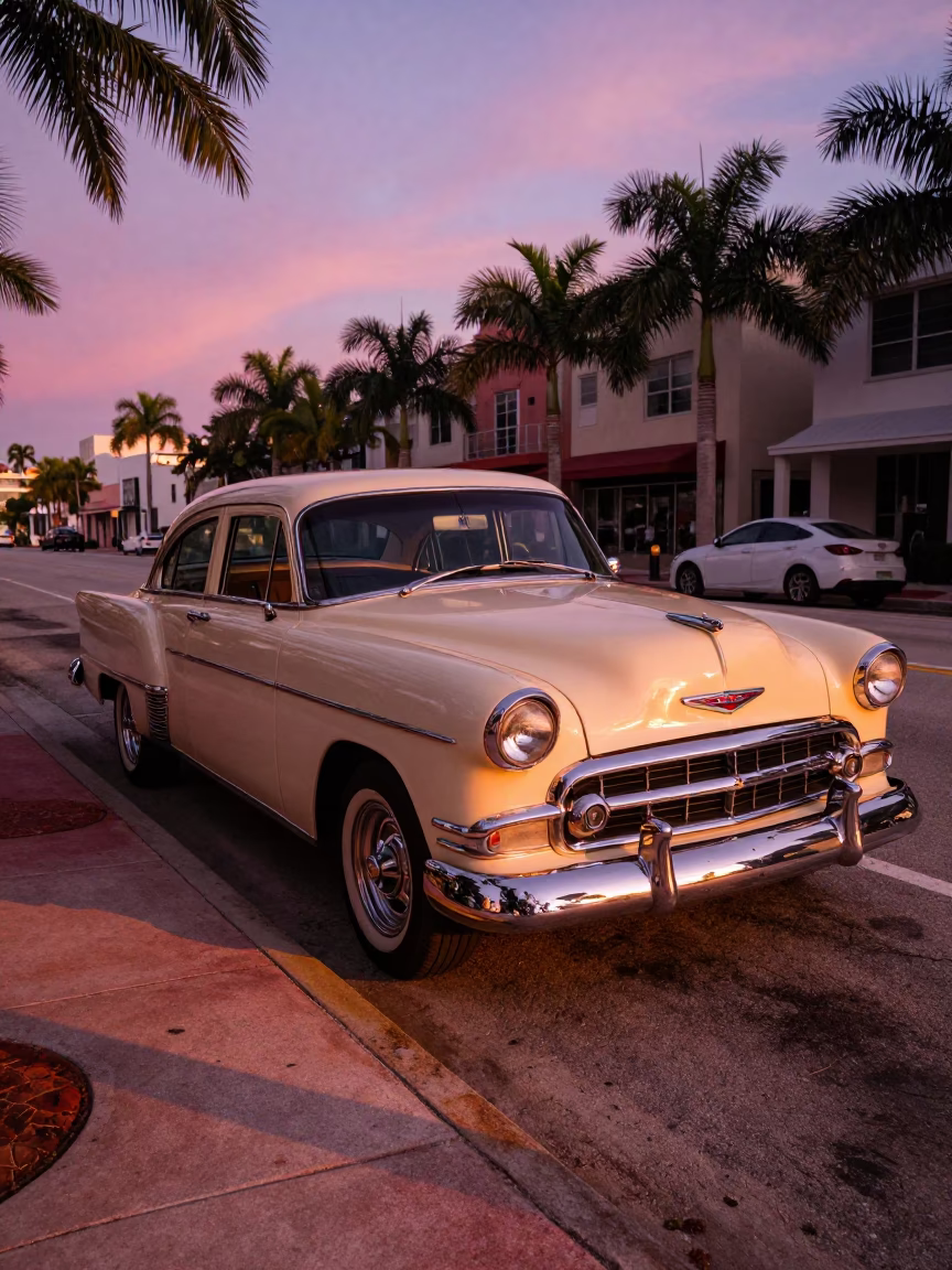 Sedan Parked in Miami at Sunset Light in in Miami, Florida, United States