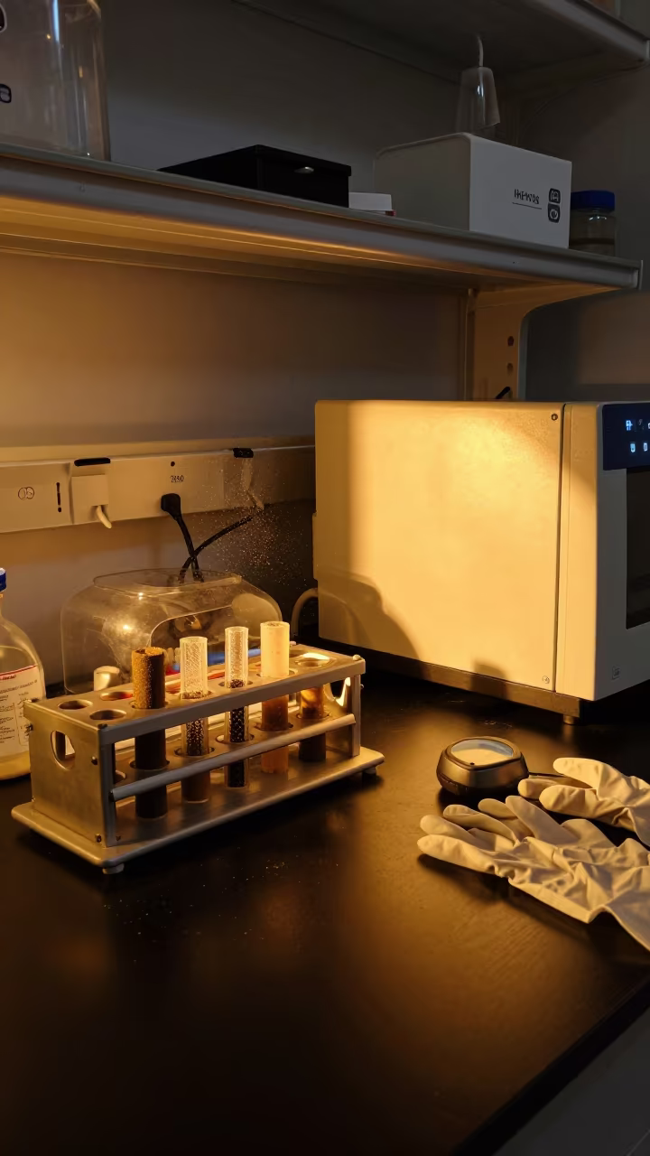 Sediment Cores in Amber Lab Light in in a bright laboratory in Novara