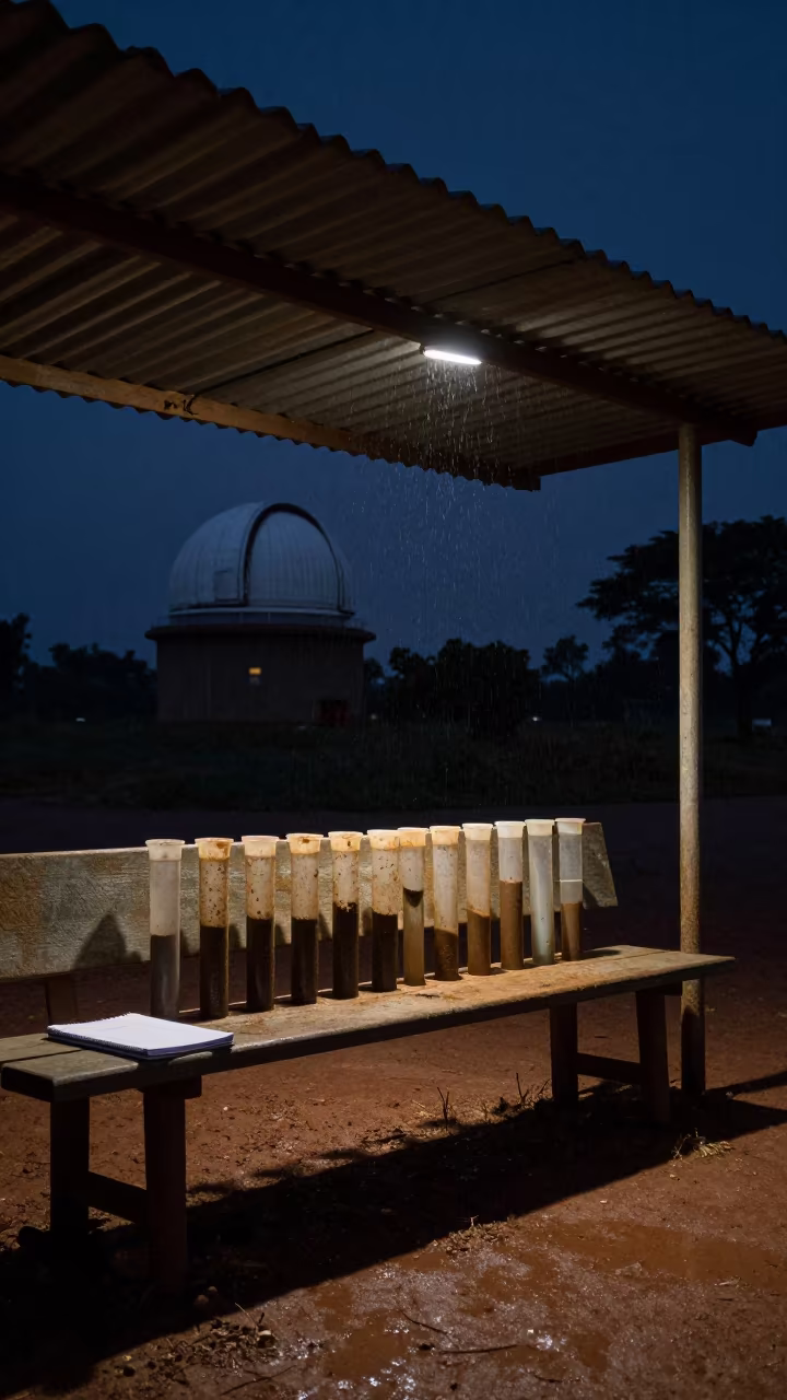 Sediment Tubes on Bench in Bamako Night Rain in beside an observatory dome in Bamako