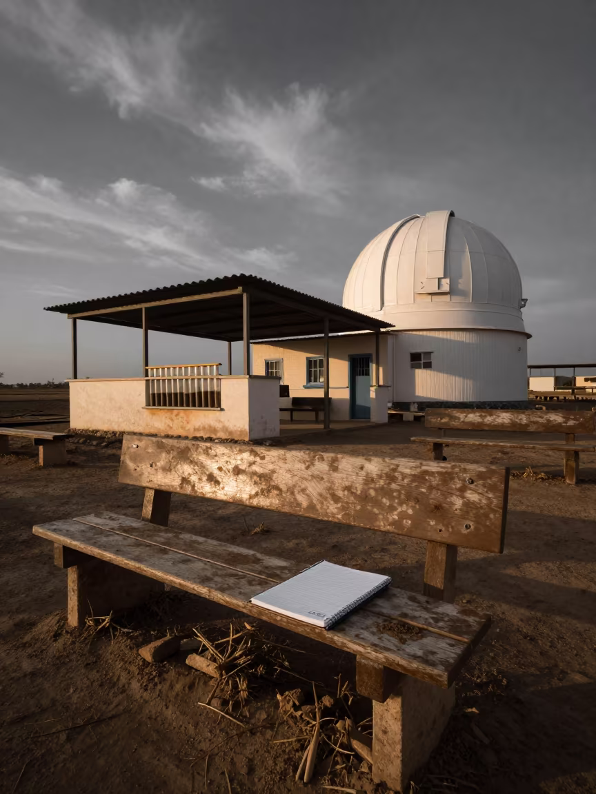 Sediment Tubes on Bench Under Corrugated Roof Dawn Tunisia in beside an observatory dome in Tunisia