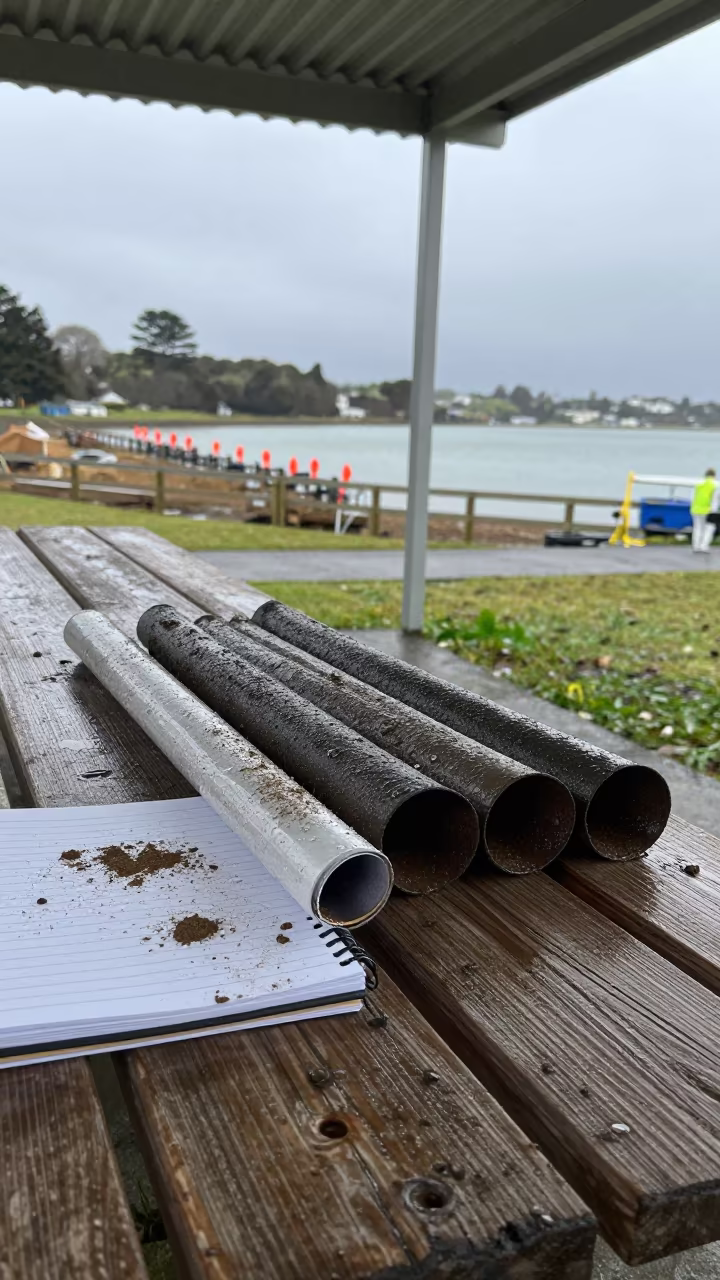 Sediment tubes on field bench after rain in beside a tidal survey transect near Tauranga