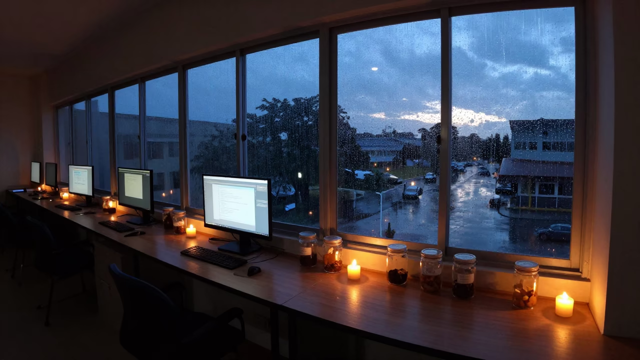 Seed Jars on Classroom Windowsill Before Lessons in in a computer lab before lessons in Ipoh