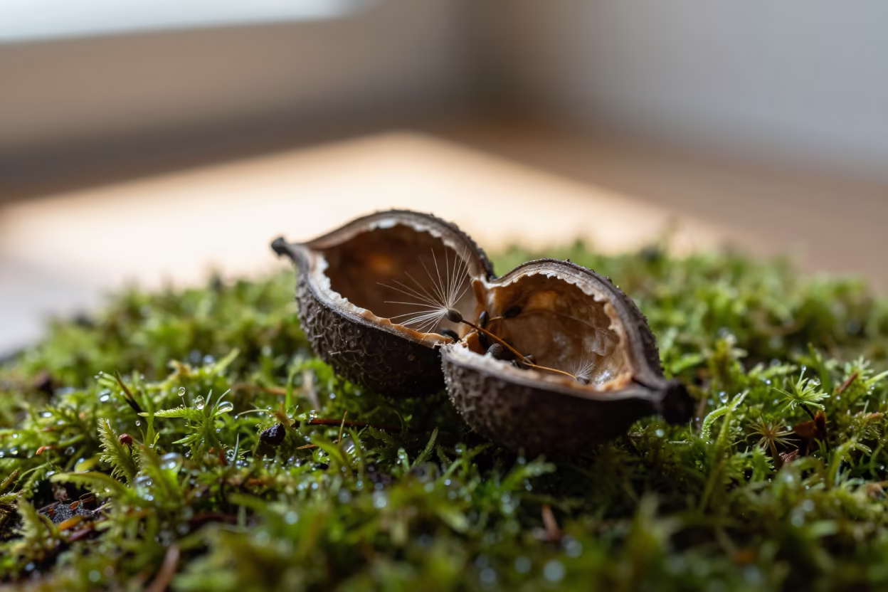 Seed Pod Splitting on Dew Moss at Dawn in on dew-soaked moss near Xining