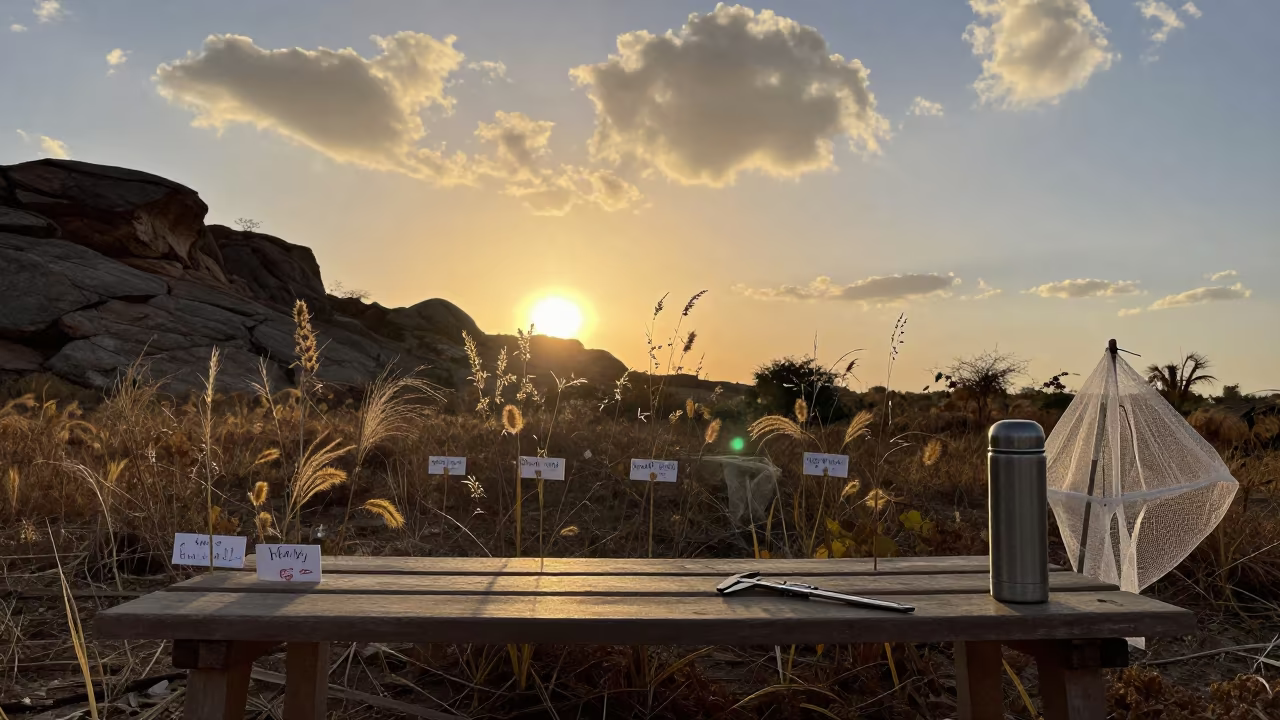 Seed Study Bench at Golden Hour Silhouette in along a rocky geology outcrop in Bahawalpur