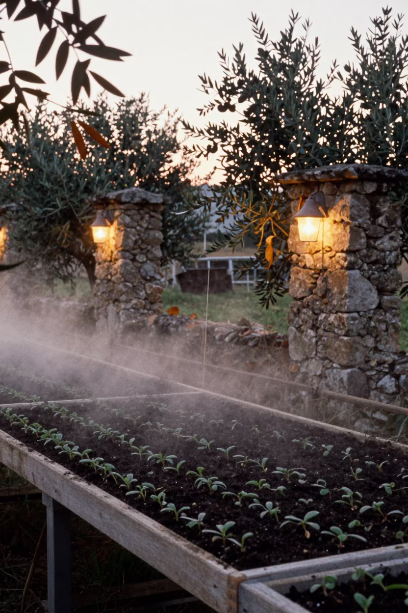 Seedling Mist in Autumn Olive Press Greenhouse in inside a village olive press near Bordeaux