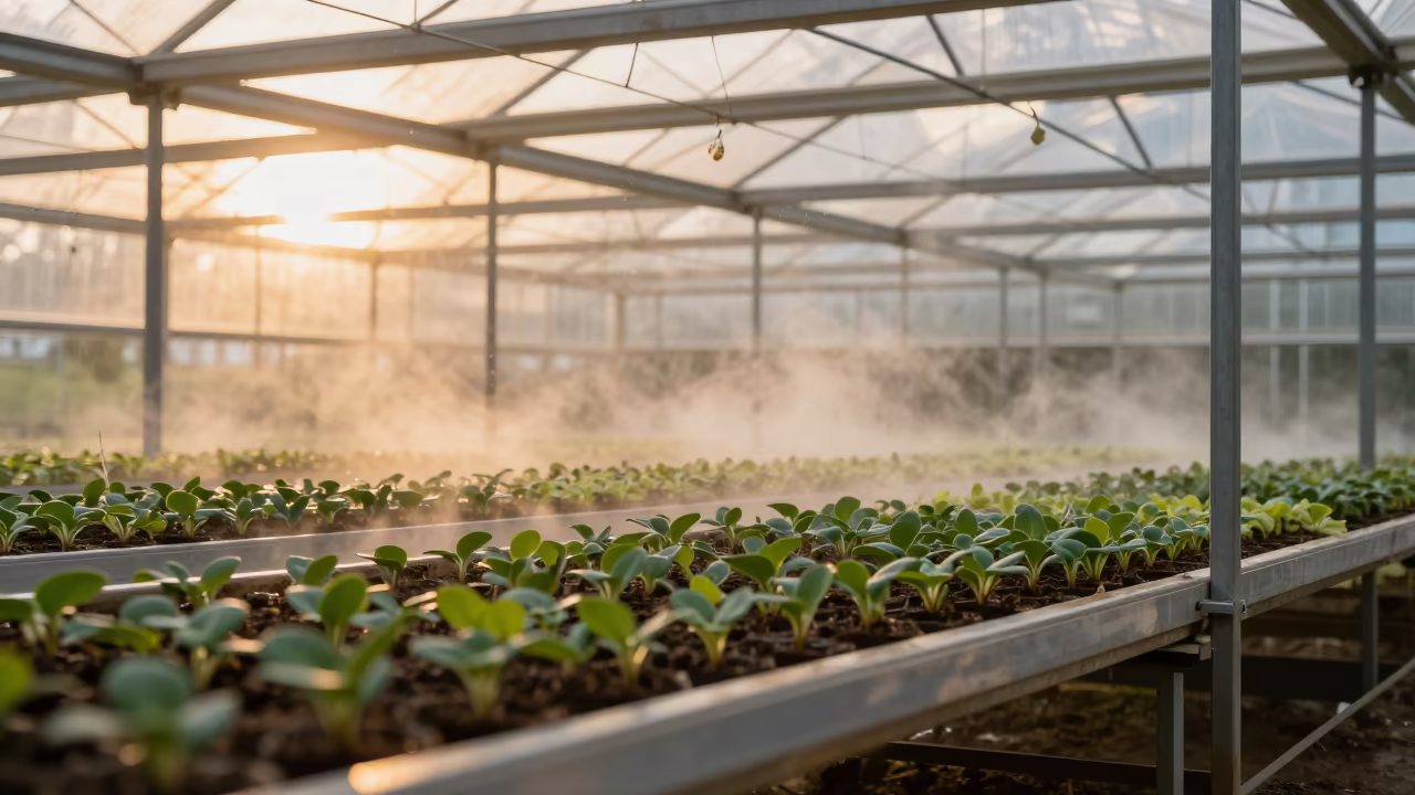 Seedling mist in golden greenhouse light Zhengzhou in under translucent greenhouse roofing in Zhengzhou