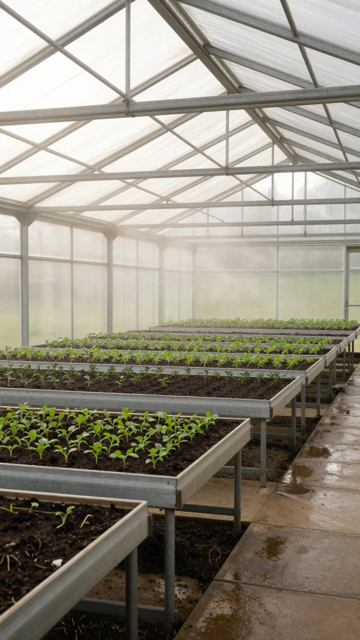 Seedling Mist in Scottish Highlands Greenhouse in inside a humid greenhouse aisle in the Scottish Highlands