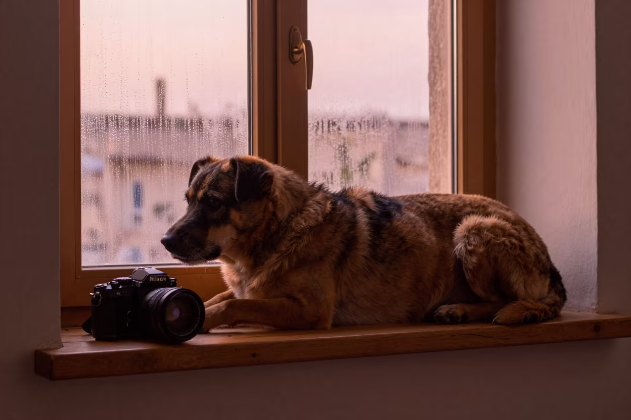 Segugio Italiano on Kandahar Window Seat in on a window seat in a quiet apartment with soft side light in Kandahar