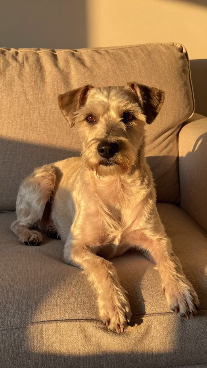 Segugio Italiano on Linen Sofa at Golden Hour in on a linen sofa with daylight from a nearby window in Swabi