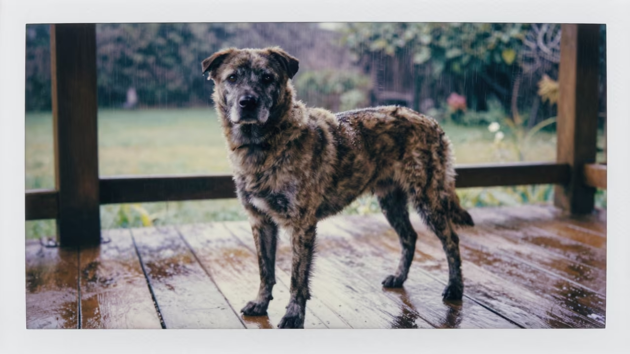 Segugio Italiano on Porch in Gondia Morning Drizzle in near a garden edge with soft morning light and an uncluttered background in Gondia