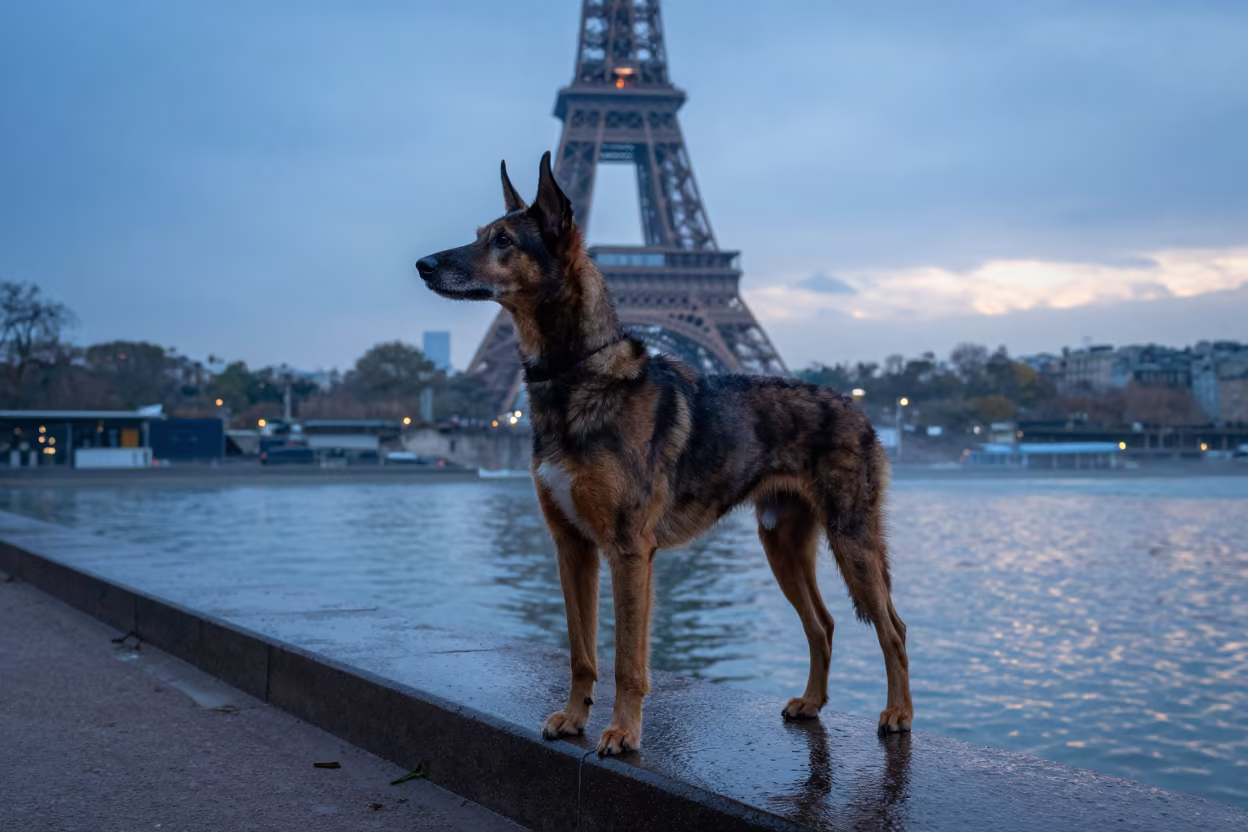 Segugio Italiano Portrait in Paris Blue Hour in along a quiet park path with soft open shade and a clean background in Paris