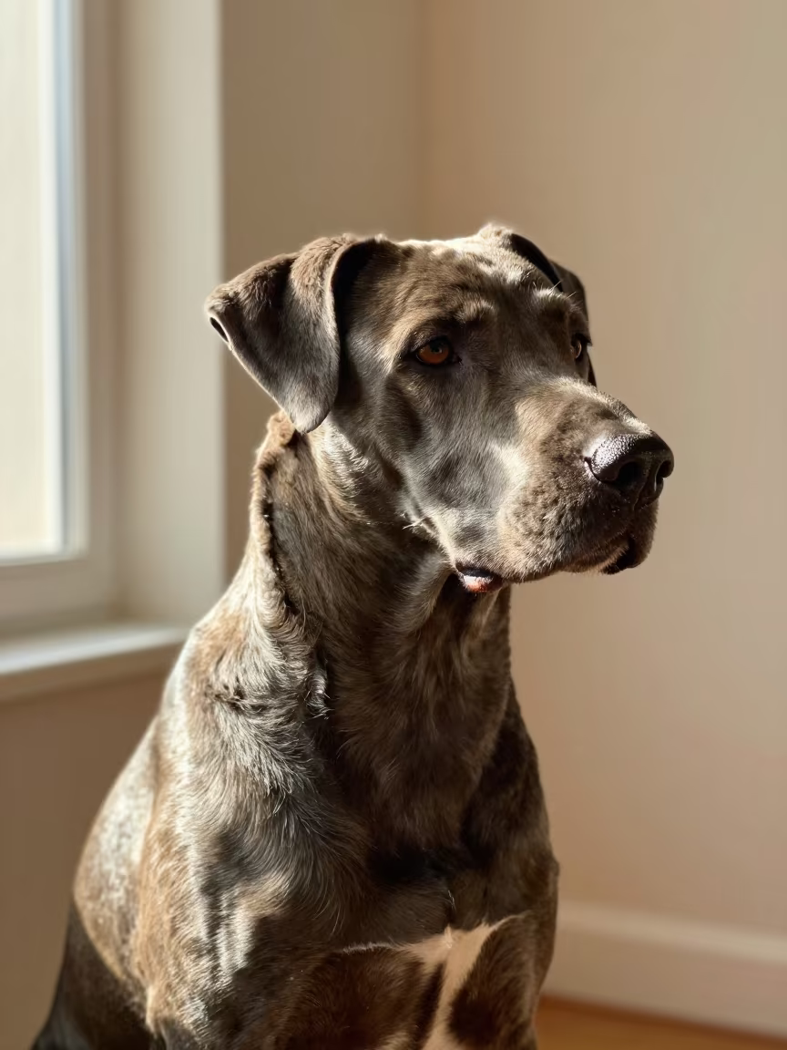 Segugio Italiano Portrait in Soft North Light in beside a plain plaster wall in soft indoor light with the animal centered in frame in Canterbury
