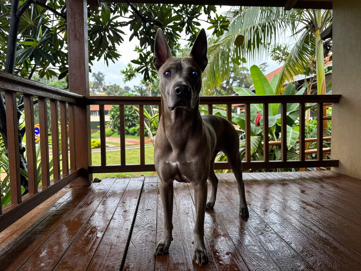 Segugio Italiano Portrait on Kampala Porch in on a shaded front porch with boards, railings, and eye-level framing near Kampala