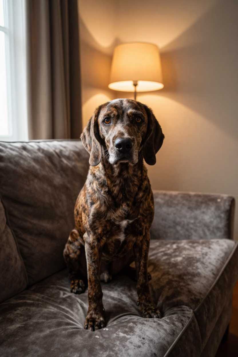 Segugio Italiano Portrait on Victorian Sofa Near Window in on a sofa near a curtained window with calm indoor light near Victoria