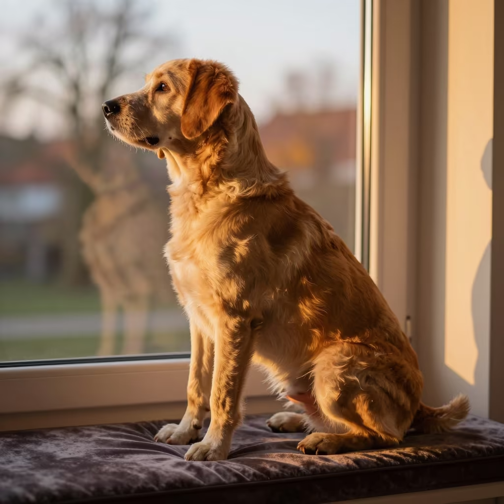 Segugio Italiano Portrait on Window Seat in Szczecin in on a cushioned window seat with soft side light and an uncluttered background in Szczecin