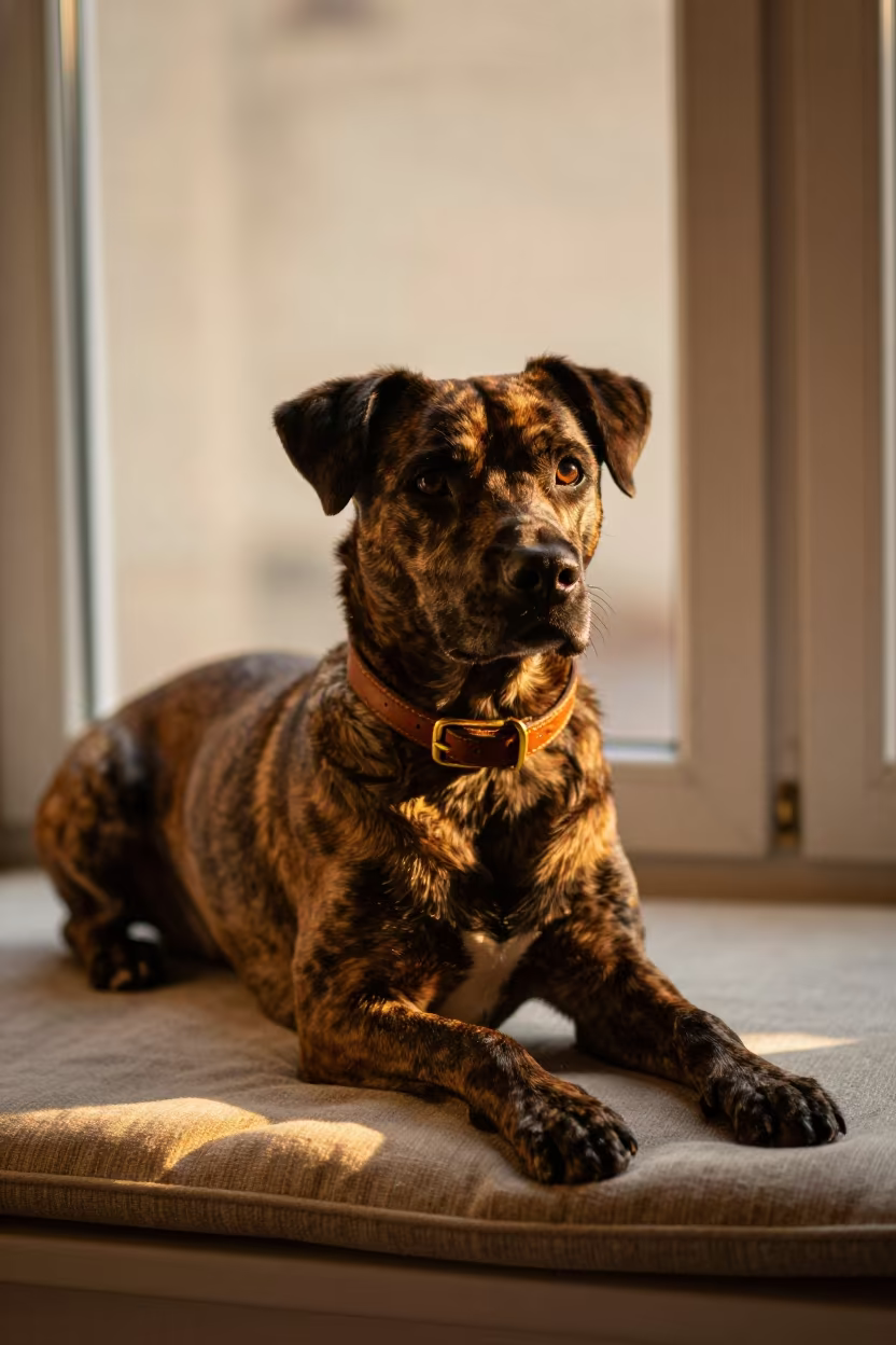 Segugio Italiano Portrait on Window Seat in on a cushioned window seat with soft side light and an uncluttered background in Palma Soriano