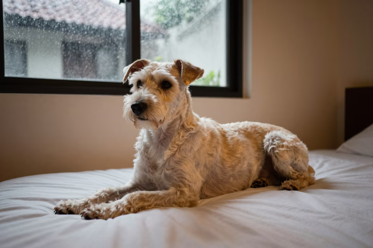 Segugio Italiano Resting on Bedspread Near Window in on a bedspread near a bright window with calm indoor light in Kota Tua, Jakarta