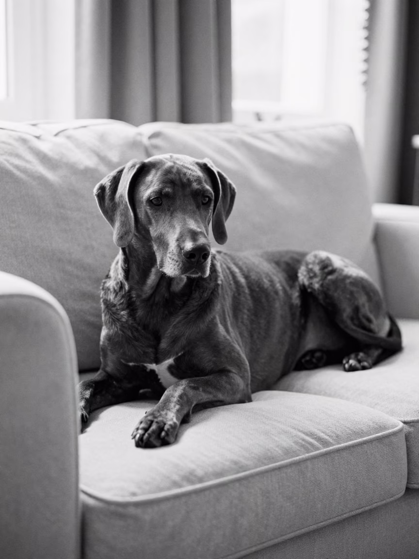Segugio Italiano Resting on Linen Sofa in Baku in on a linen sofa with daylight from a nearby window in Baku