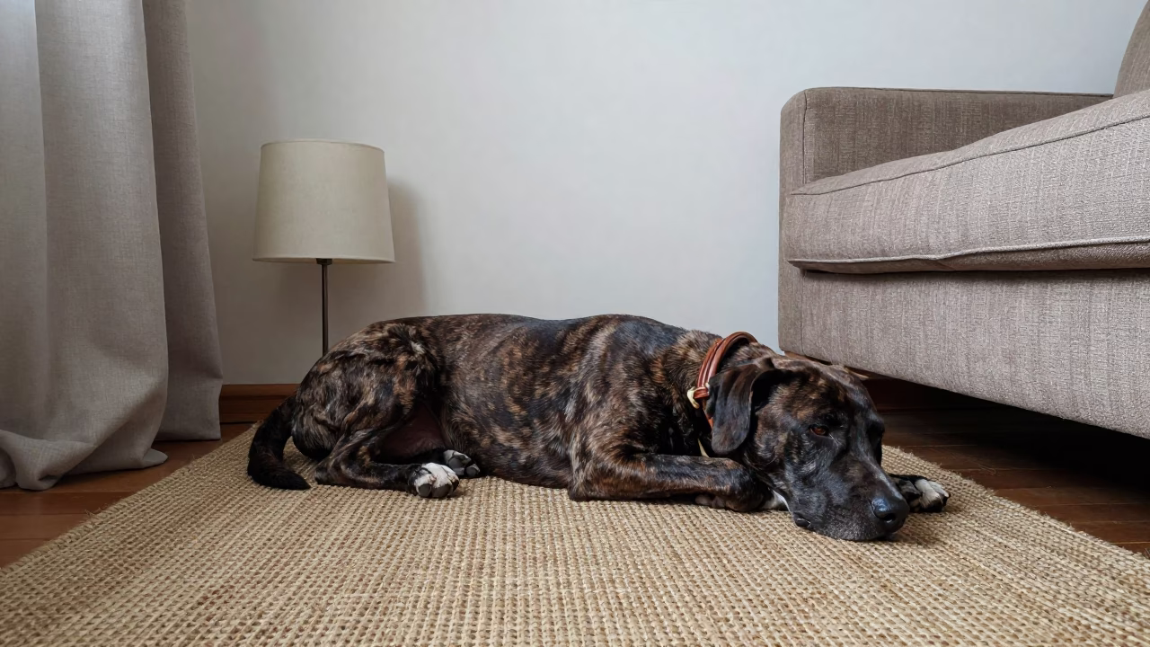 Segugio Italiano Resting on Woven Rug at Home in on a woven rug beside a low couch and an uncluttered wall in Changchun