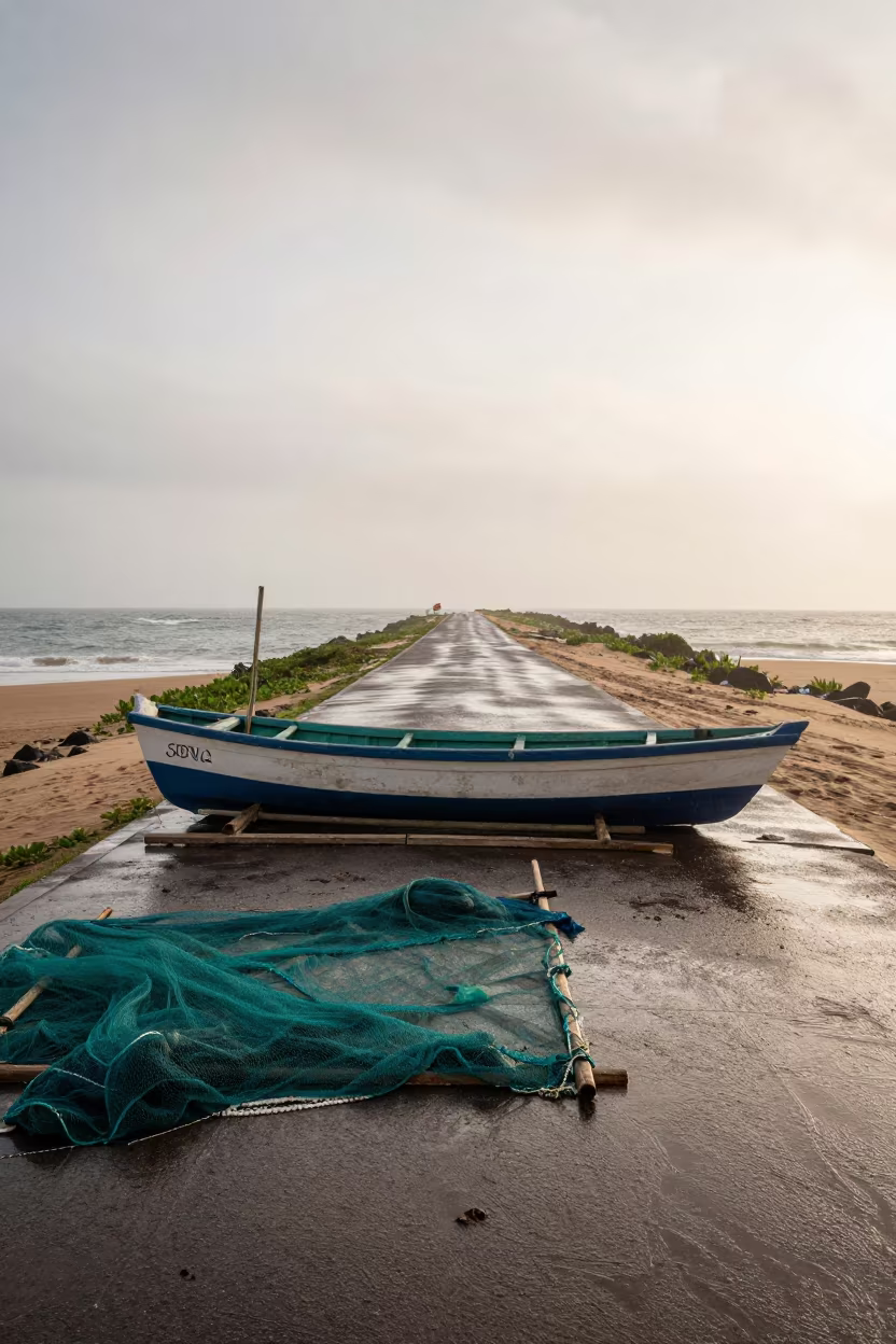 Seine Nets Drying on Salvador Causeway Beach in on a wind-open causeway near Salvador