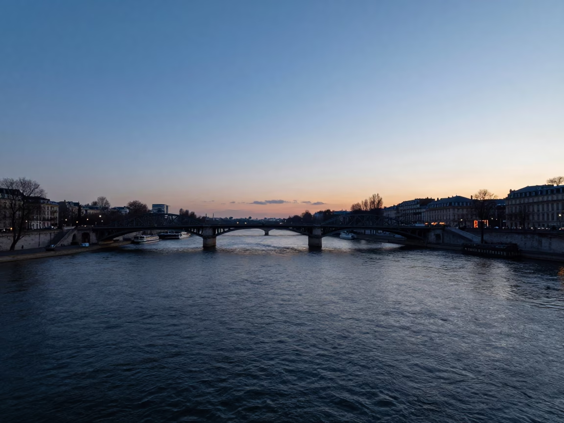 Seine River And Iron Bridge in Paris at Blue Hour in in Paris, France
