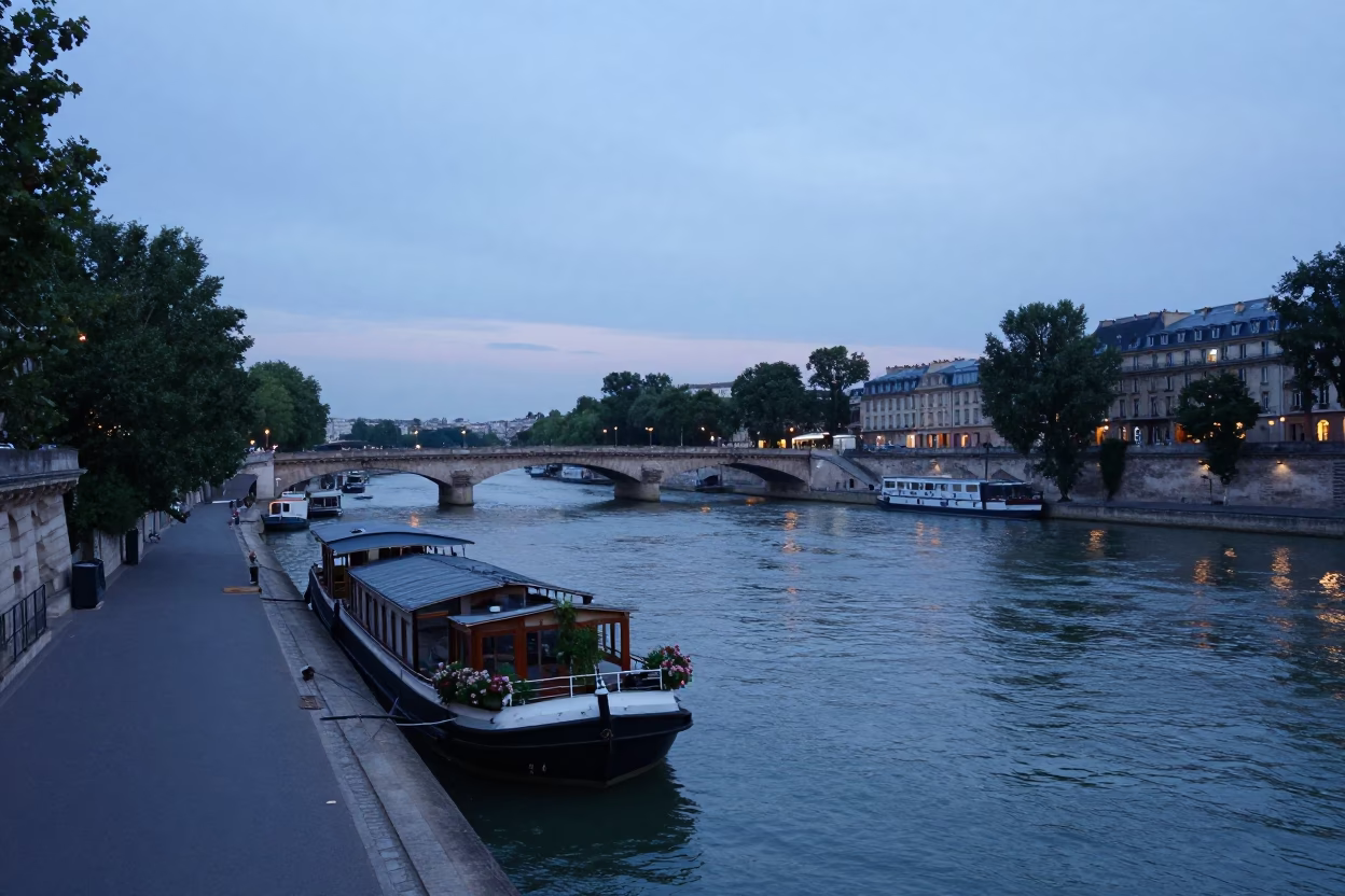 Seine River in Paris at Twilight in in Paris, France