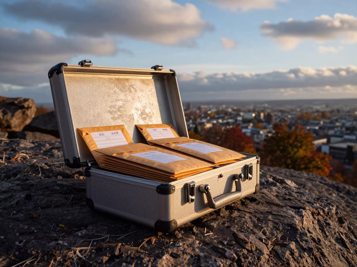 Seismograph Case and Specimen Envelopes at Dawn in along a rocky geology outcrop in Frankfurt