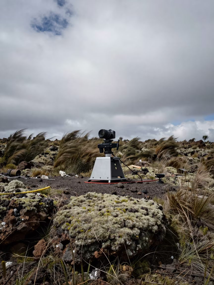 Seismograph on Mossy Quito Ridge Under Clouds in in Quito
