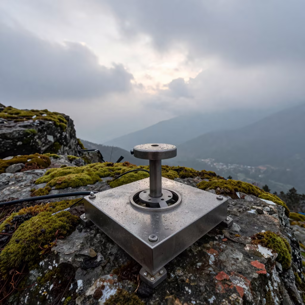 Seismograph on Mossy Ridge Under Winter Clouds in near Pokhara