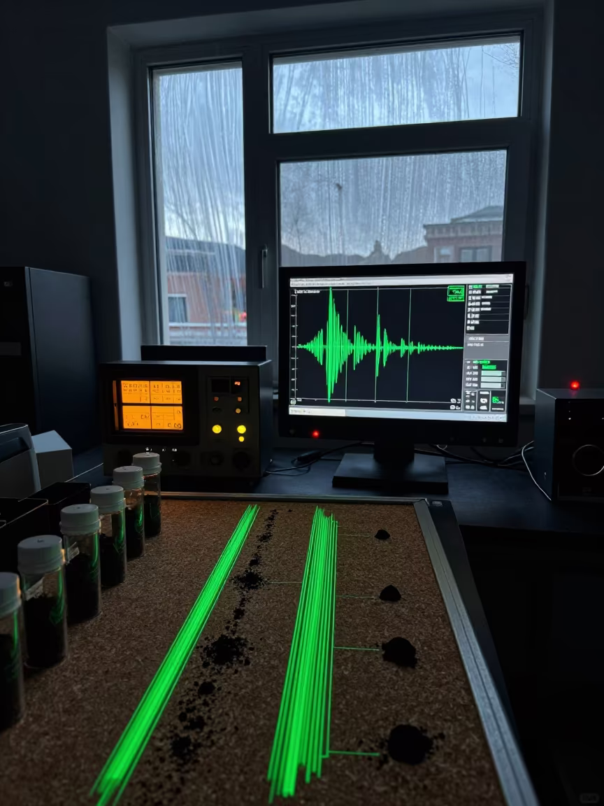 Seismograph trace and ash samples on corkboard in in Lhasa