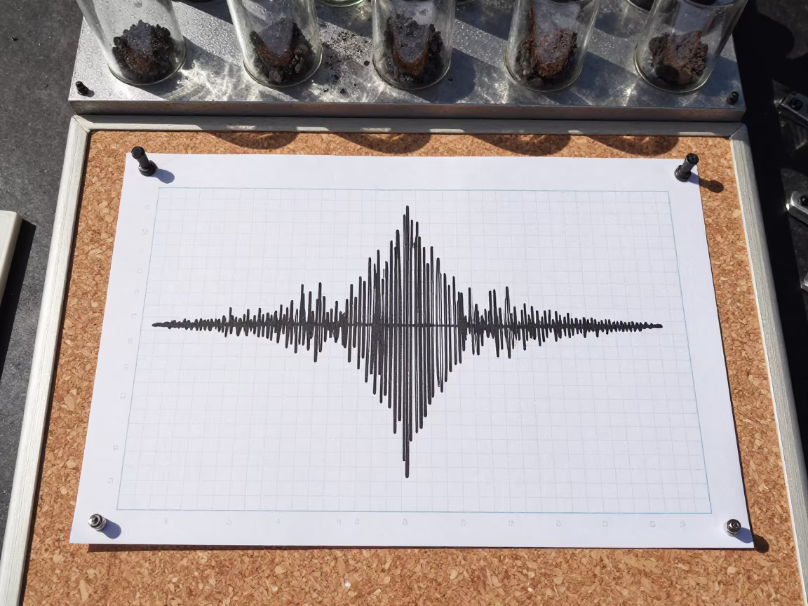 Seismograph Trace and Ash Samples on Corkboard in near Kathmandu
