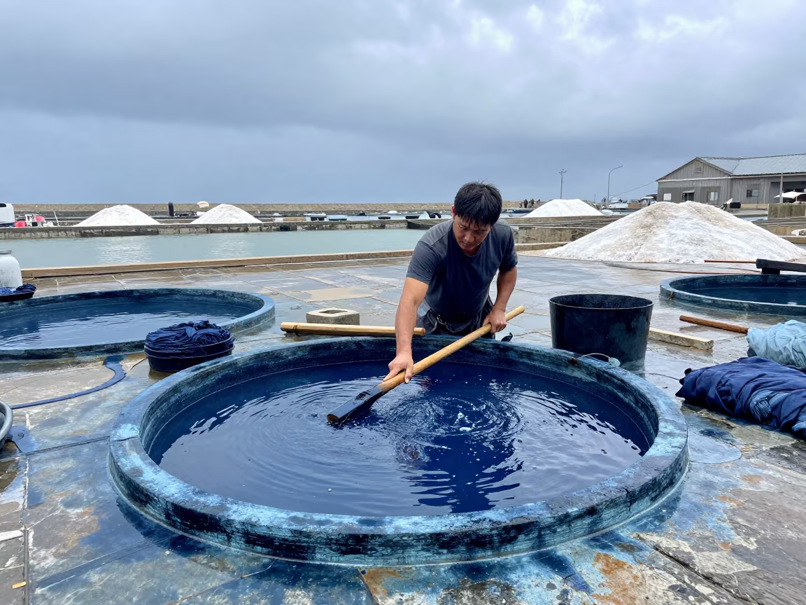 Seiyun Dyers Stirring Indigo Vats at Noon in in Seiyun
