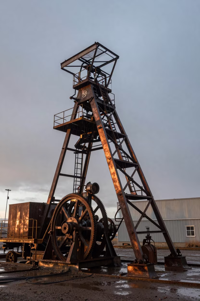 Seized Copper Mine Headframe at Nautical Dawn in across an active works site in Wyoming