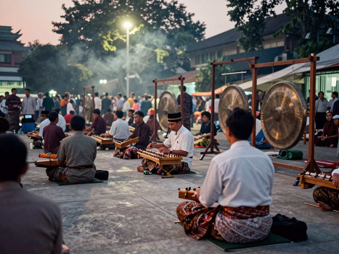 Sekaten Gamelan Before Dawn in Jakarta Mosque in in a temple precinct in Jakarta