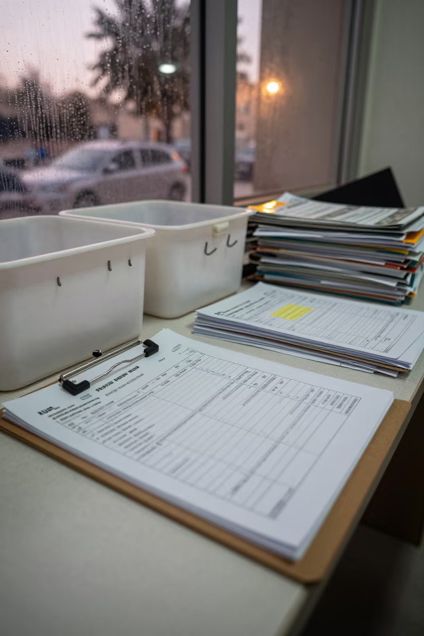Self-Scan Audit Clipboard with Claim Tags in at a cash wrap counter with bags stacked nearby in Kufa