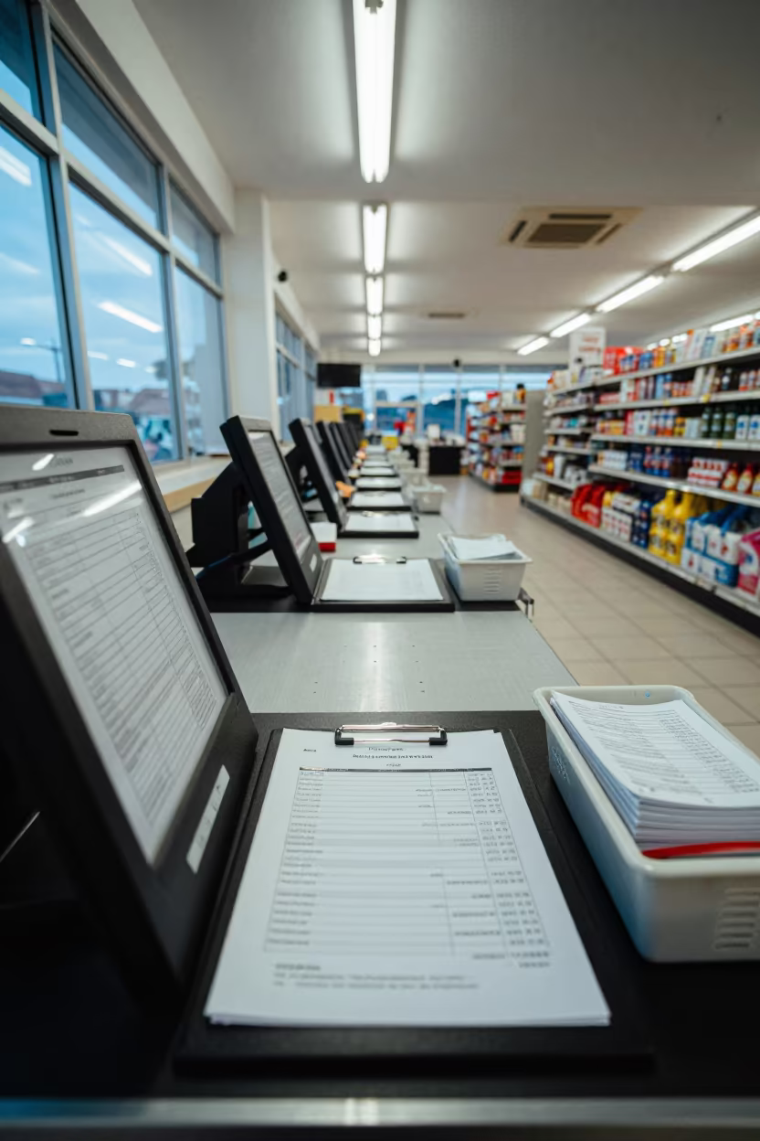Self-scan Audit Clipboard Under Store Lights in at a checkout lane under flat store light in Nampula